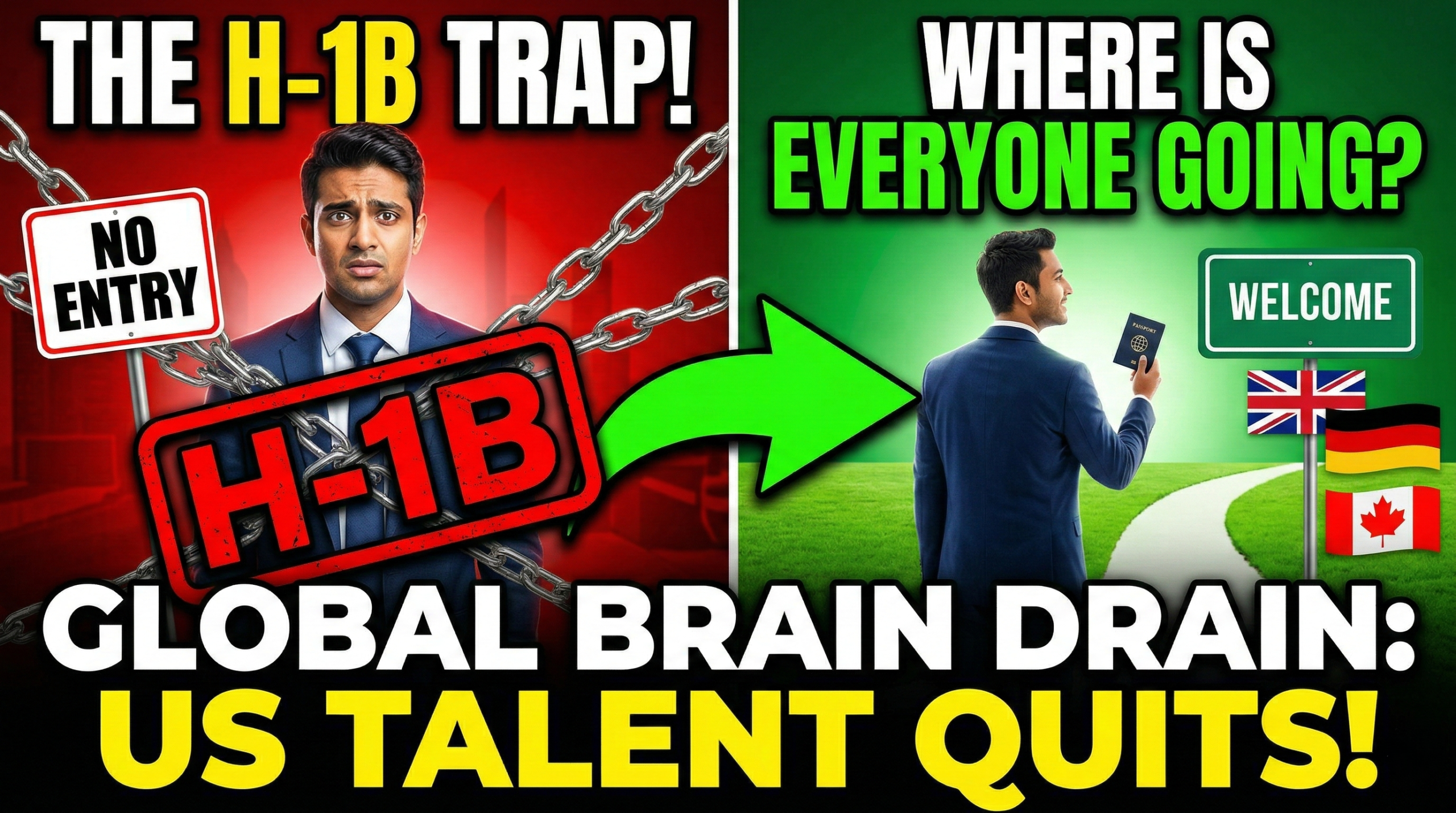 Conceptual graphic illustrating the 2026 H-1B visa $100k fee barrier and global tech talent migrating to the UK and Germany.