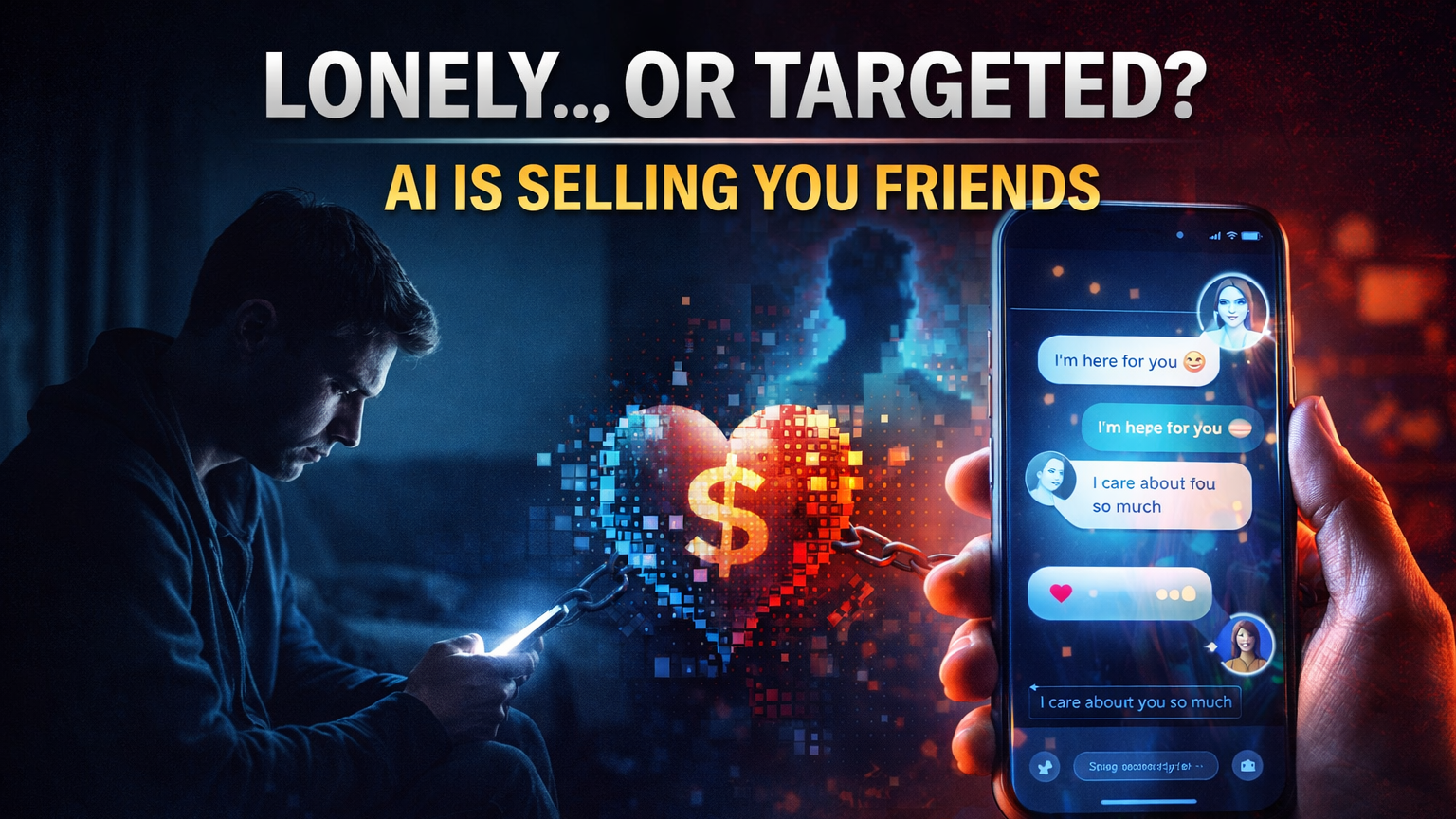 lonely person interacting with AI chatbot at night while feeling emotional isolation and digital dependency