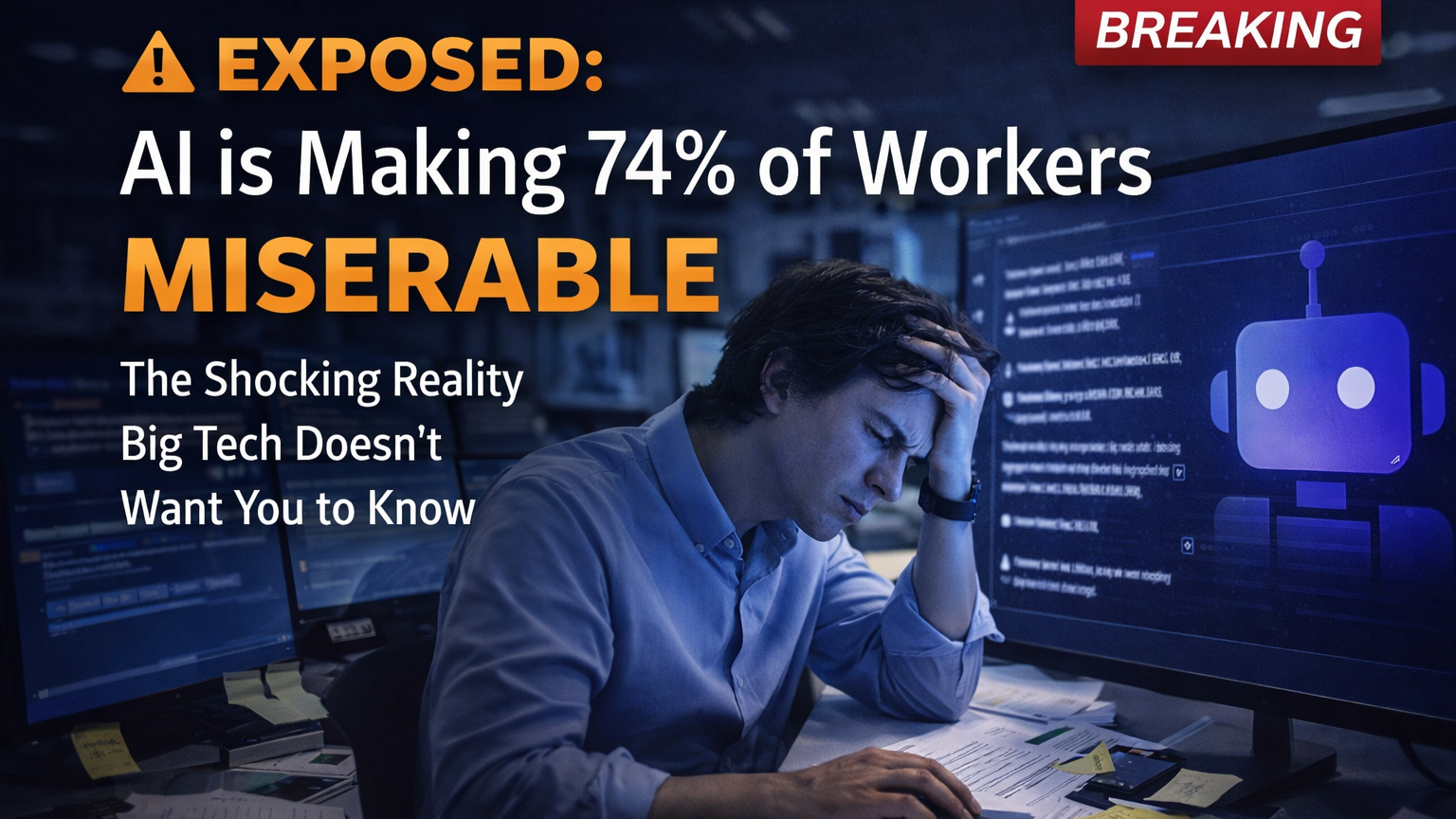 White-collar professional worker at computer looking stressed about AI job displacement, office setting showing career uncertainty and pay cuts