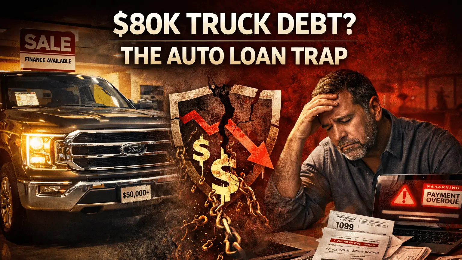 American worker stressed over car loan debt, unpaid bills, and negative equity from expensive truck financing