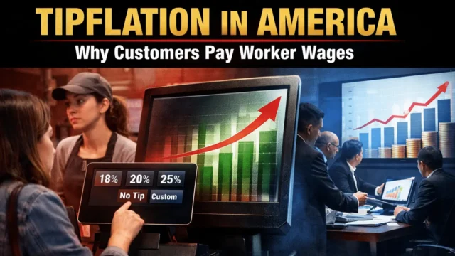 Digital tipping screen at coffee shop checkout showing preset gratuity options illustrating tipflation and corporate wage outsourcing.
