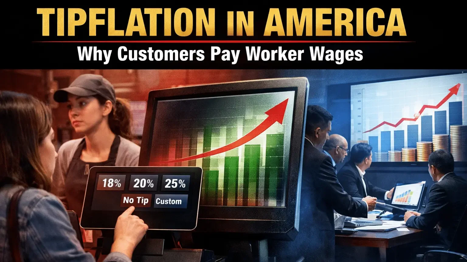 Digital tipping screen at coffee shop checkout showing preset gratuity options illustrating tipflation and corporate wage outsourcing.