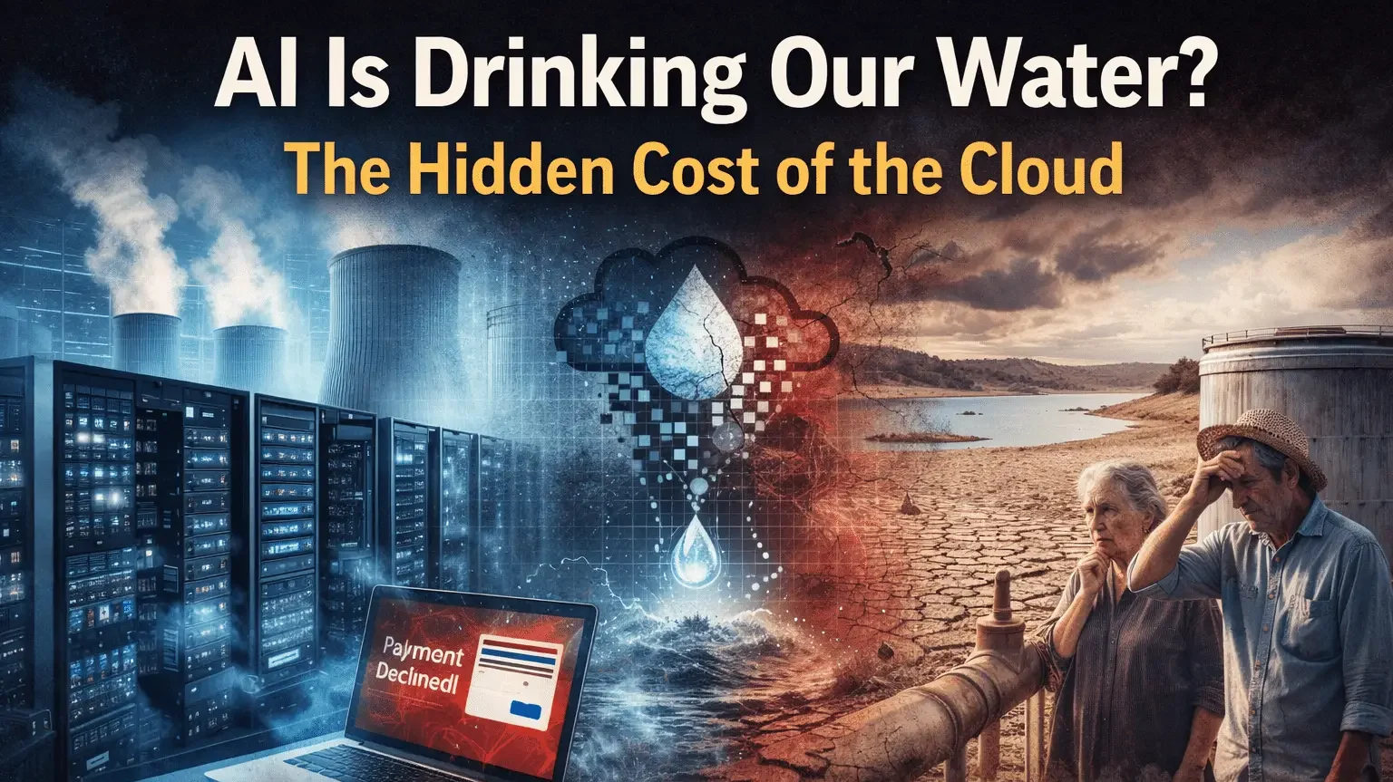 AI data center water consumption crisis showing server cooling systems draining local water supplies during drought conditions