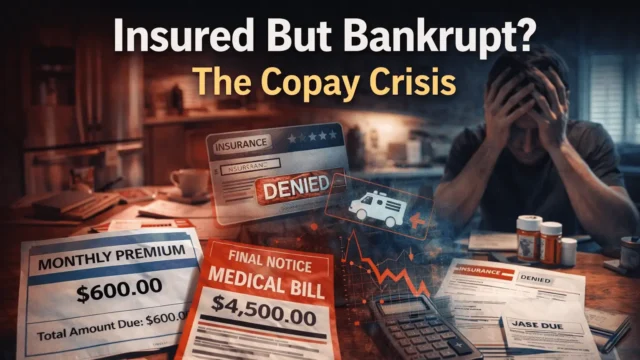 Create a 16:9 investigative healthcare crisis thumbnail using realistic photojournalism style images. Do NOT create illustration, cartoon, anime, painting, or 3D render. Use real-world documentary photography style only. Thumbnail must look like a premium US healthcare investigative news cover. Text Placement Rule All text must appear ONLY at the TOP. Headline Text “Insured But Bankrupt?” “The Copay Crisis” Visual Composition LEFT SIDE — Premium and Bill Shock Real photo of a kitchen table with: monthly insurance premium bill red final medical bill calculator unpaid notices household stress atmosphere Color tone: deep red financial distress tone RIGHT SIDE — Human Cost Real photo of an exhausted middle-class American sitting with head in hands, with: pill bottles or hospital paperwork insurance denial letter worried family-home setting late night lighting Color tone: cold blue emotional stress tone CENTER OVERLAY Subtle dramatic overlay of: insurance card denied stamp ambulance icon falling financial chart Style investigative journalism cinematic lighting high contrast realistic DSLR photography premium documentary thumbnail look no fake AI-art aesthetics use premium cinematic LUT