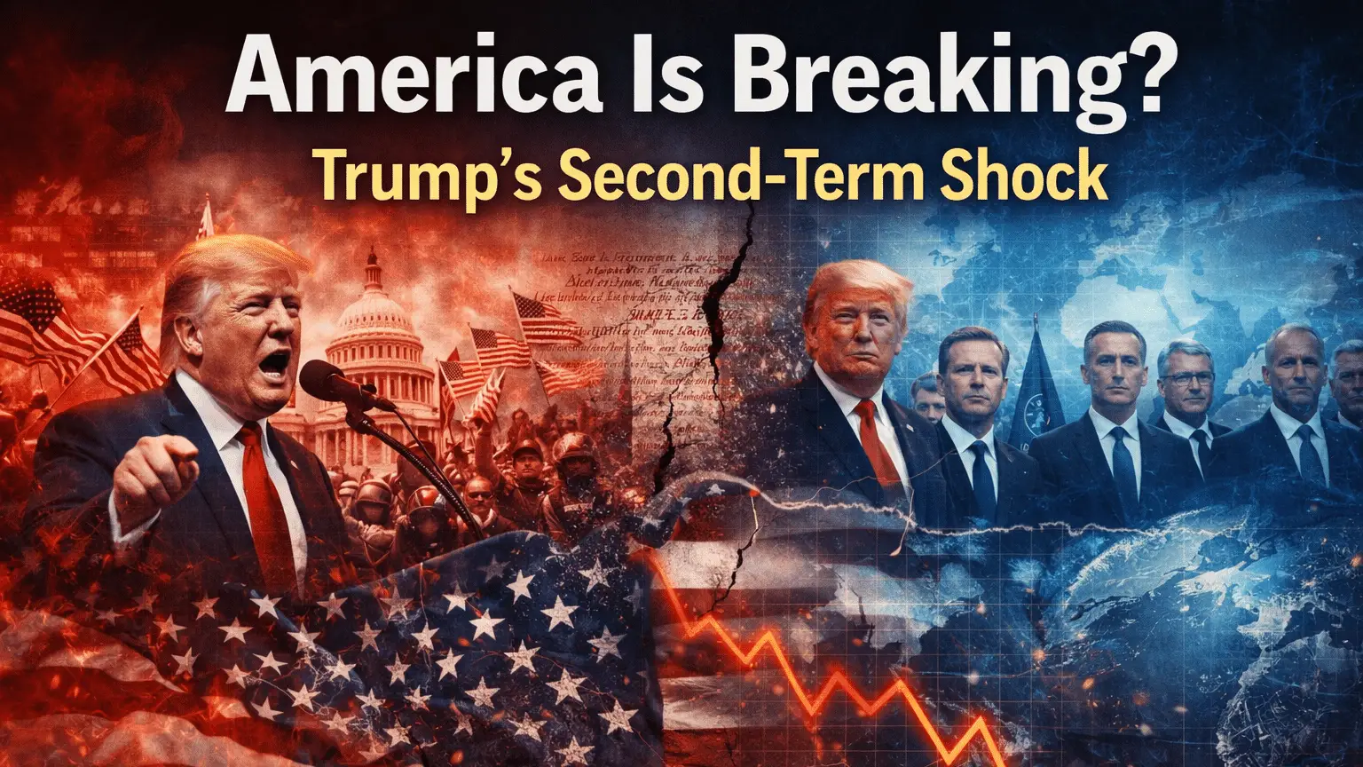 Donald Trump era political crisis showing institutional erosion, polarization, protests, and declining US global influence