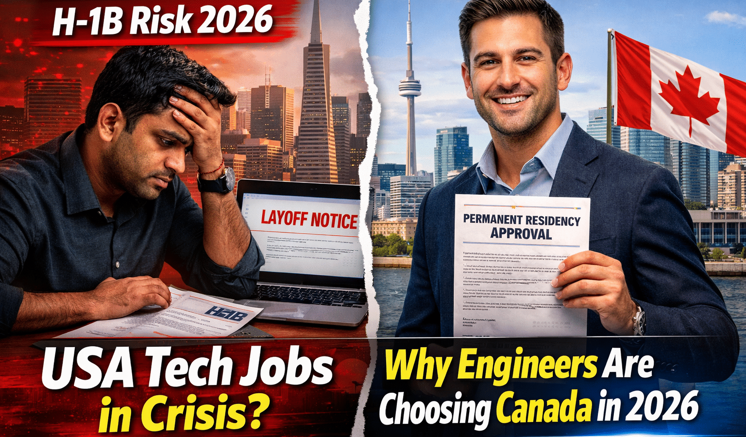 Software engineer comparing tech job opportunities between the United States and Canada in 2026 with visa, salary, and job security factors.