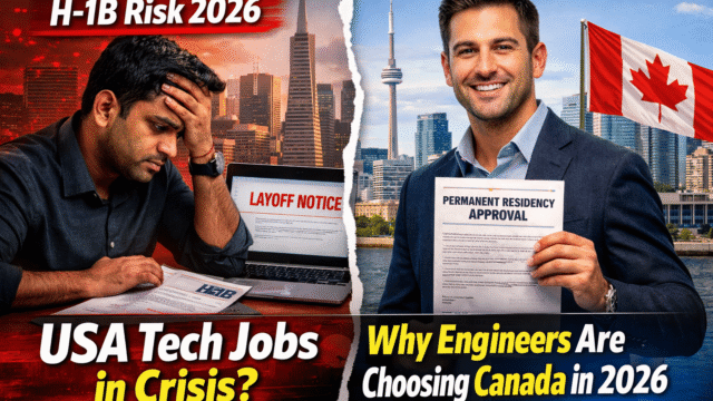 Software engineer comparing tech job opportunities between the United States and Canada in 2026 with visa, salary, and job security factors.