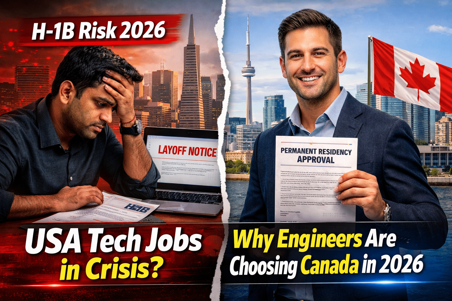 Software engineer comparing tech job opportunities between the United States and Canada in 2026 with visa, salary, and job security factors.