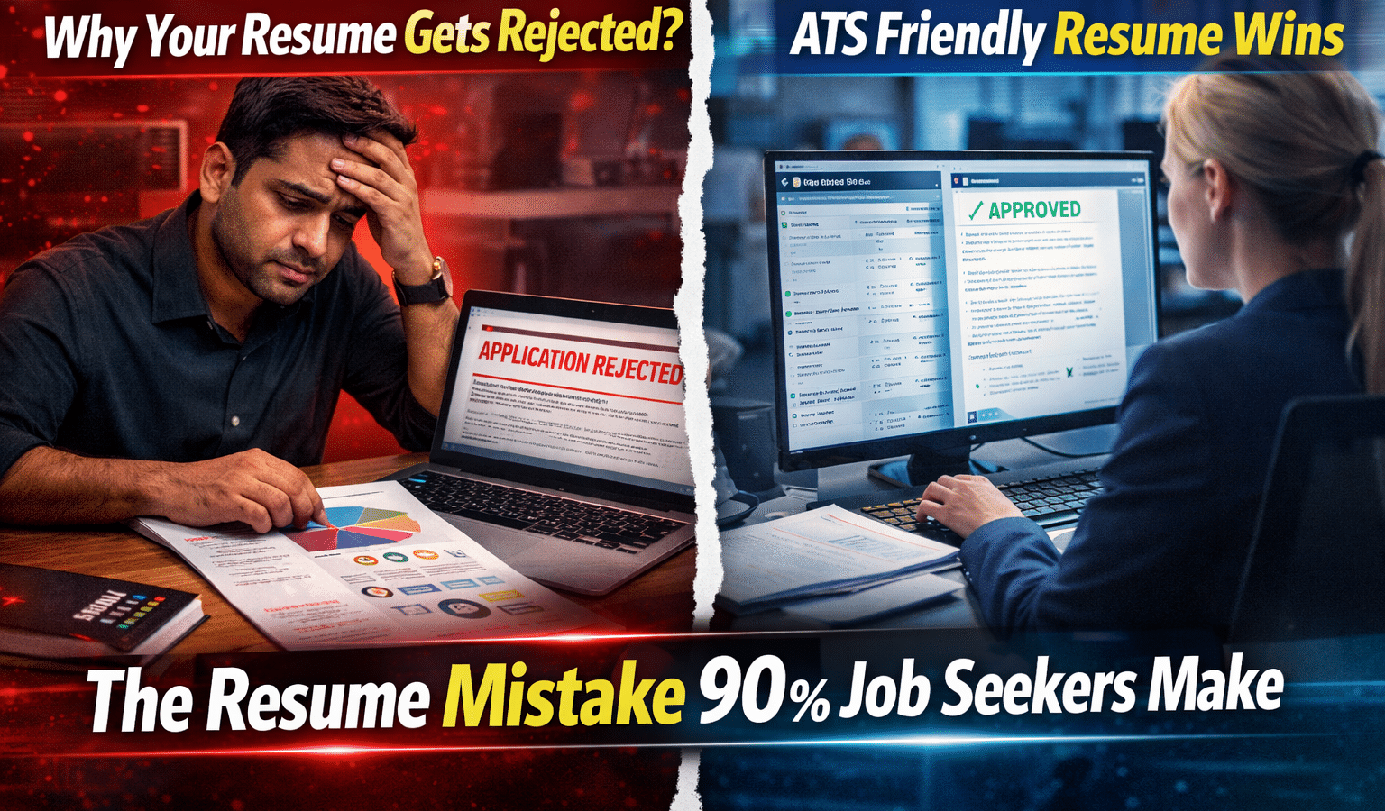 Recruiter reviewing resumes while an Applicant Tracking System rejects a graphic resume template during job application screening.