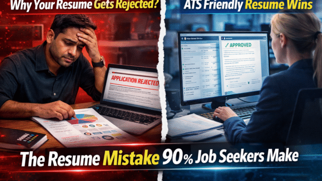 Recruiter reviewing resumes while an Applicant Tracking System rejects a graphic resume template during job application screening.