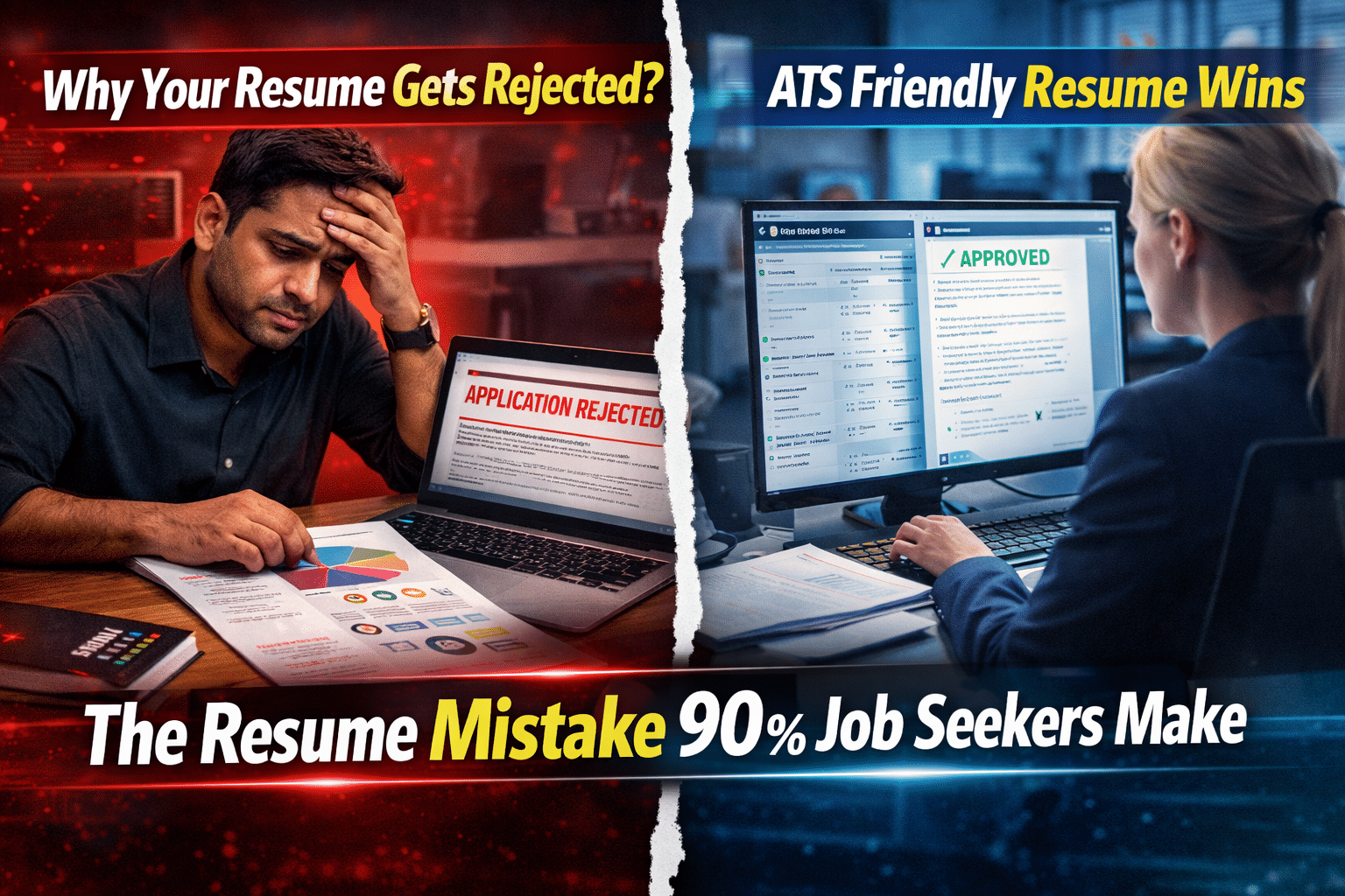 Recruiter reviewing resumes while an Applicant Tracking System rejects a graphic resume template during job application screening.