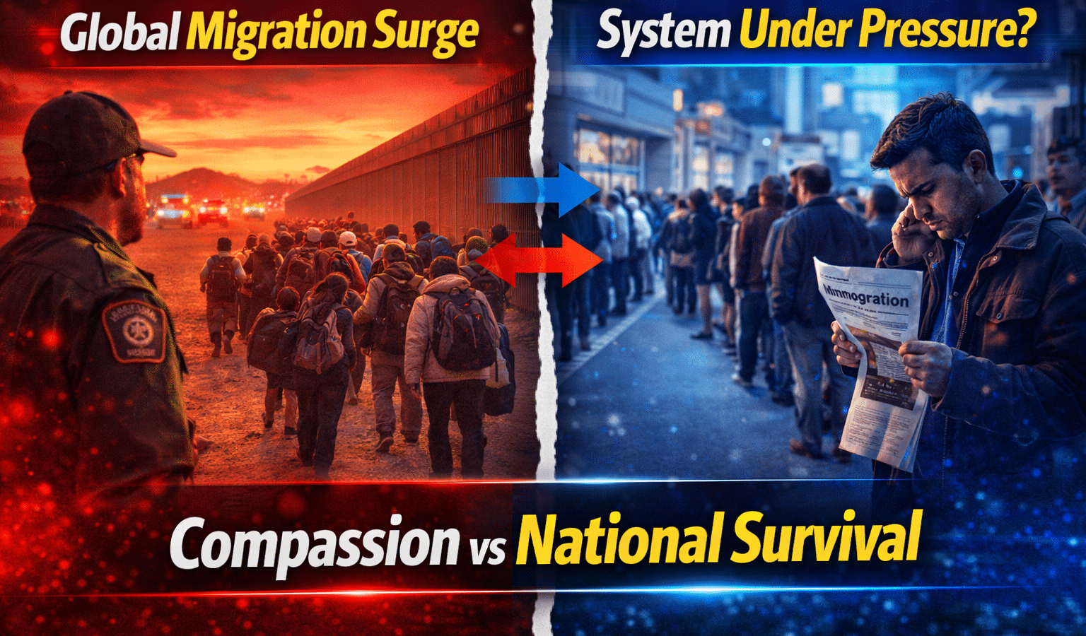 Global immigration crisis showing migrants crossing borders and the debate between humanitarian compassion and national security