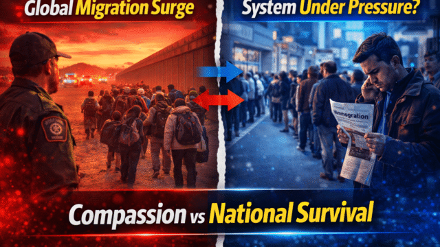 Global immigration crisis showing migrants crossing borders and the debate between humanitarian compassion and national security