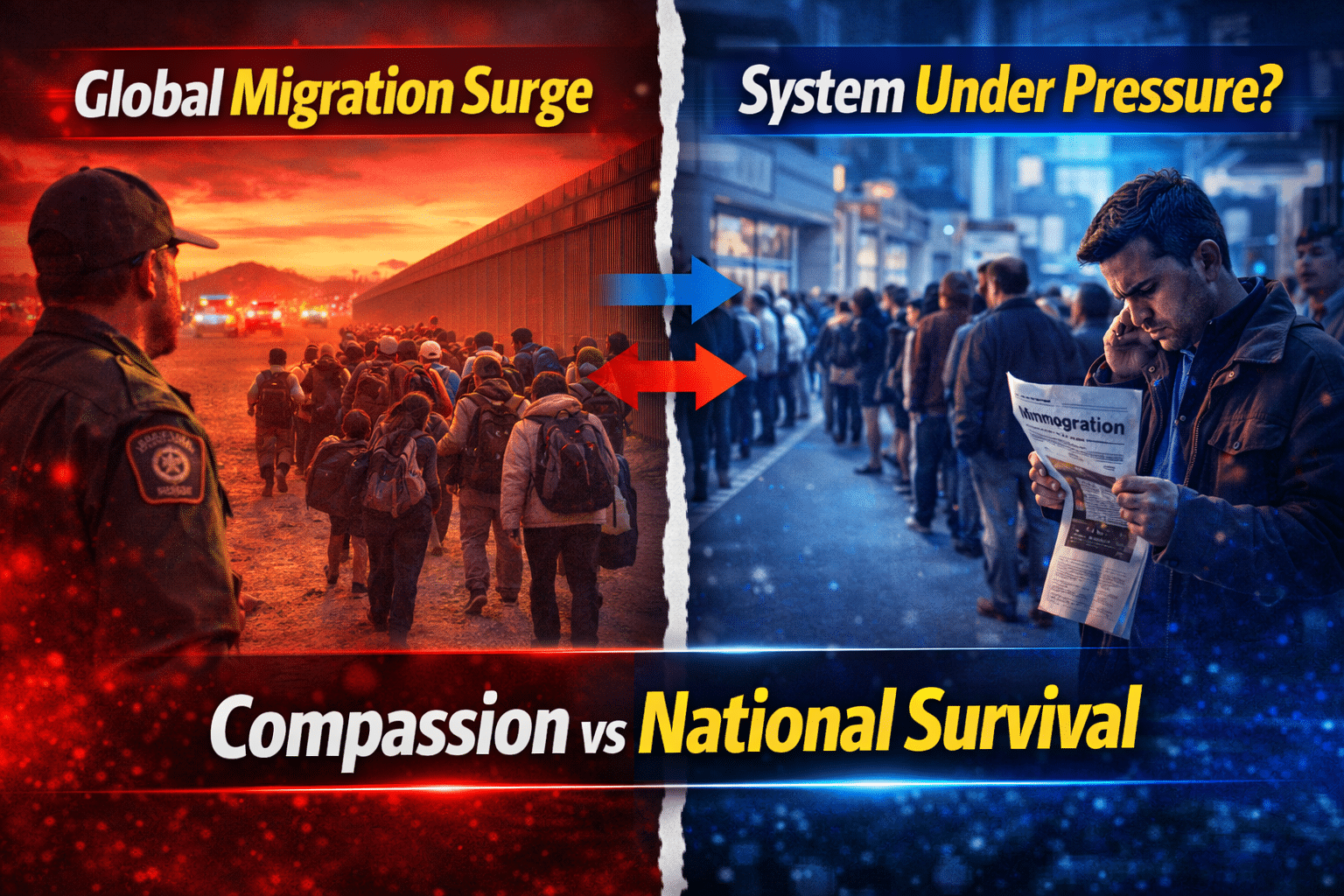 Global immigration crisis showing migrants crossing borders and the debate between humanitarian compassion and national security