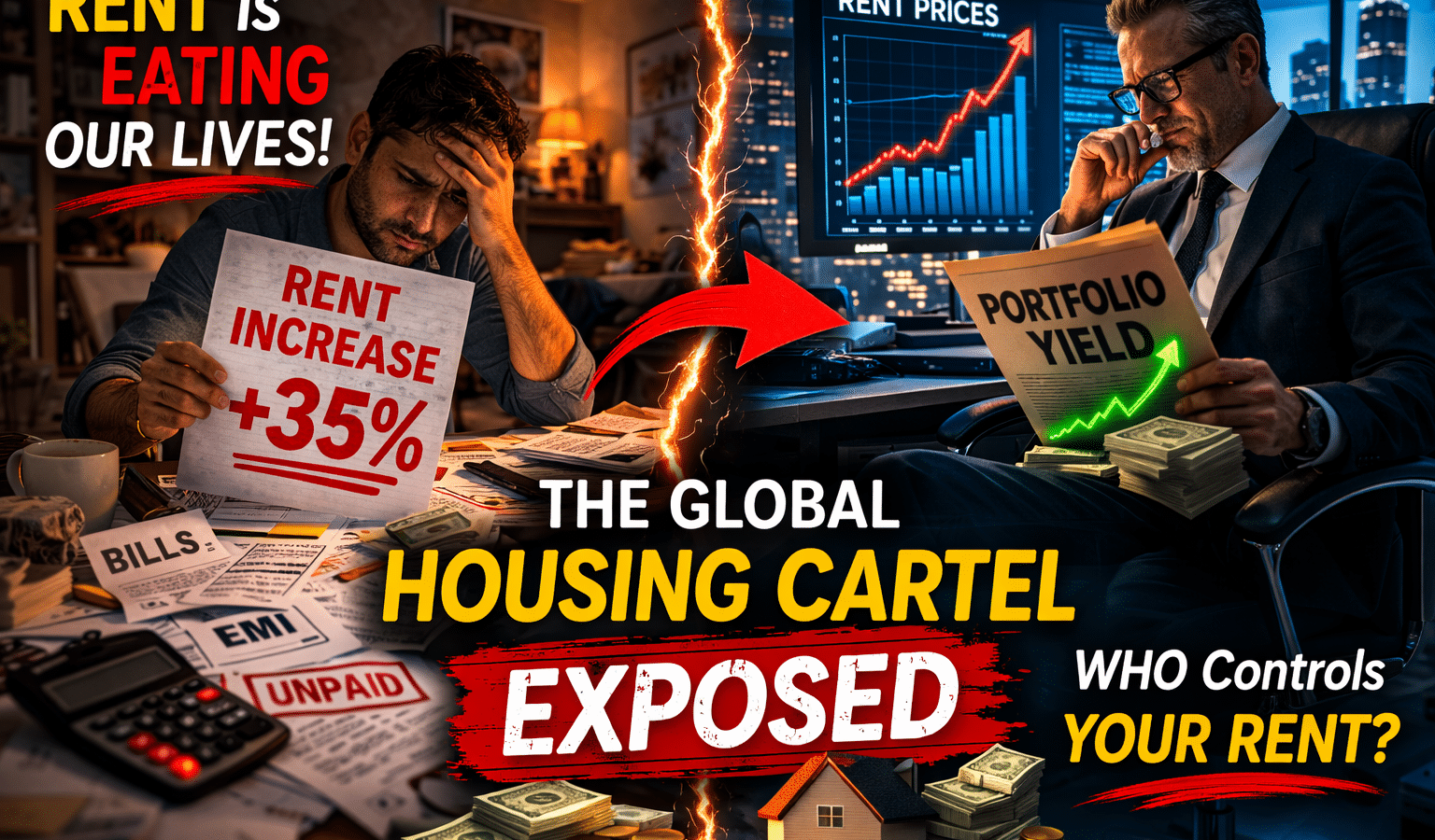 A renter shocked by rent increase notice as corporate landlords and algorithmic pricing drive a global housing affordability crisis