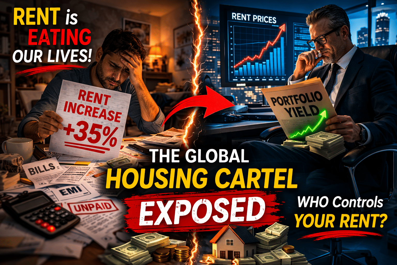 A renter shocked by rent increase notice as corporate landlords and algorithmic pricing drive a global housing affordability crisis
