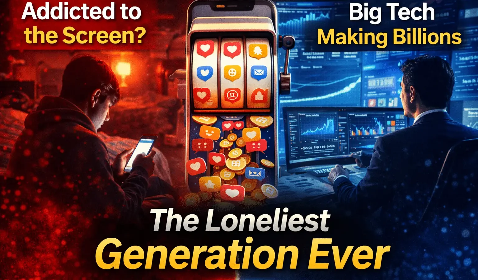 Young person alone at night scrolling a smartphone while surrounded by social media notifications symbolizing digital loneliness