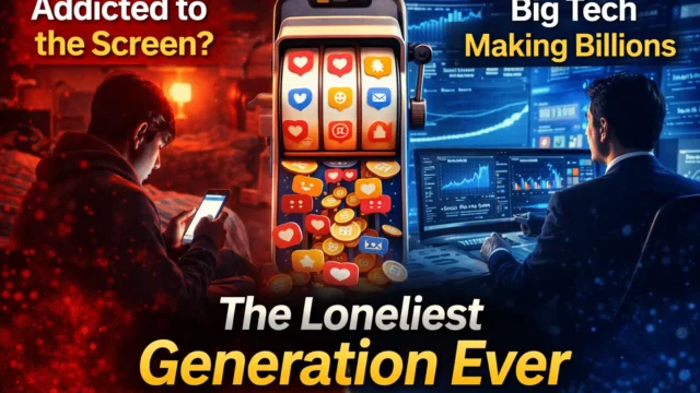 Young person alone at night scrolling a smartphone while surrounded by social media notifications symbolizing digital loneliness