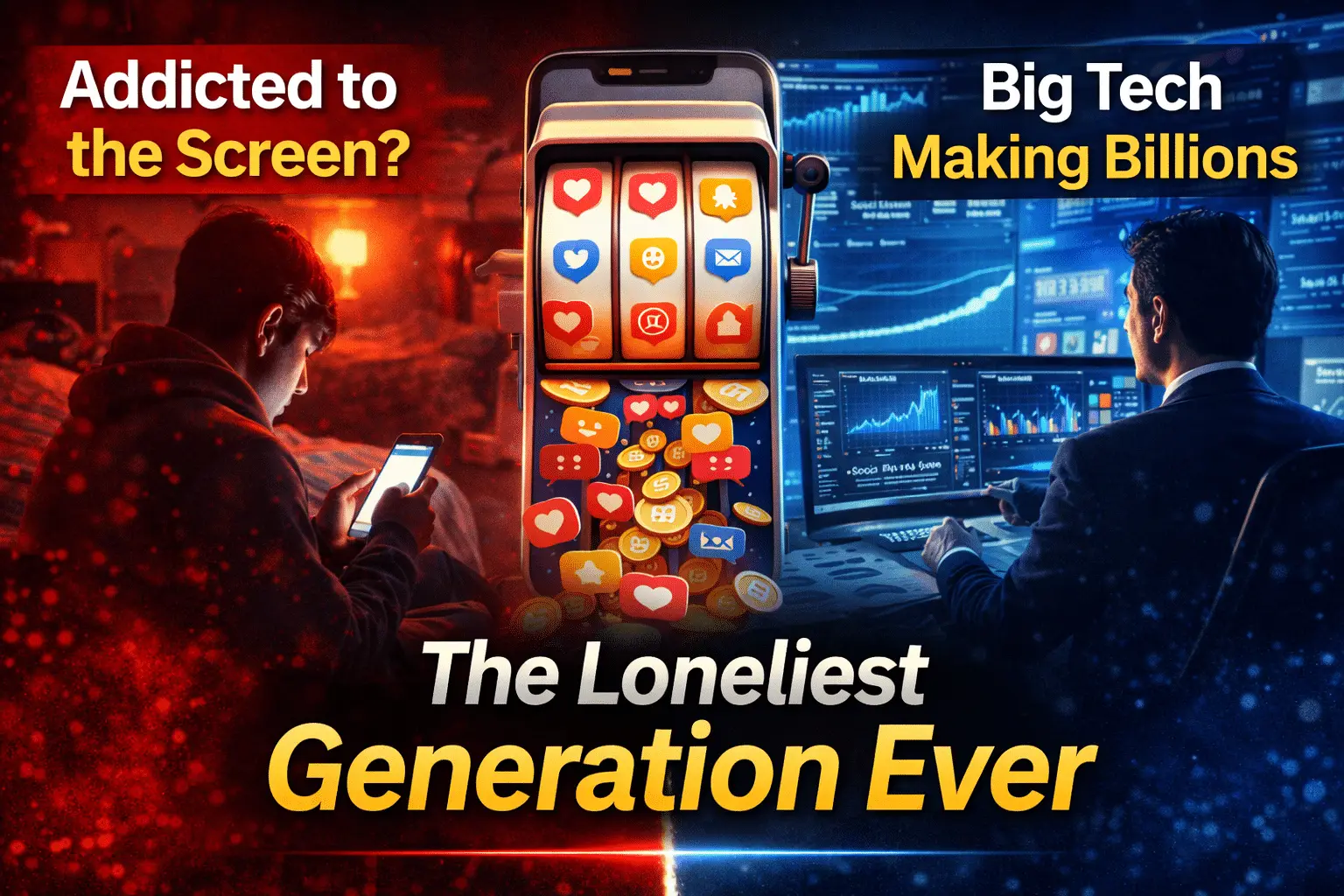 Young person alone at night scrolling a smartphone while surrounded by social media notifications symbolizing digital loneliness