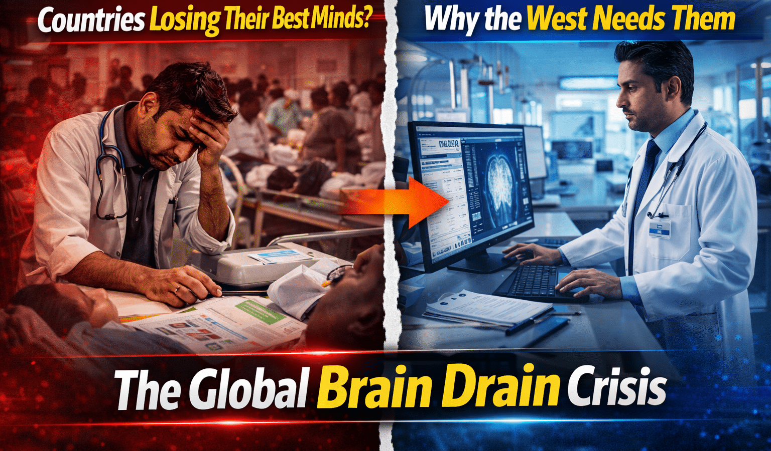 Global brain drain concept showing skilled professionals leaving developing countries for Western nations
