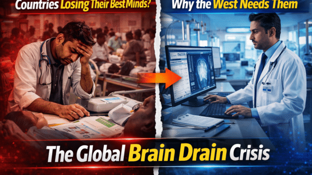 Global brain drain concept showing skilled professionals leaving developing countries for Western nations
