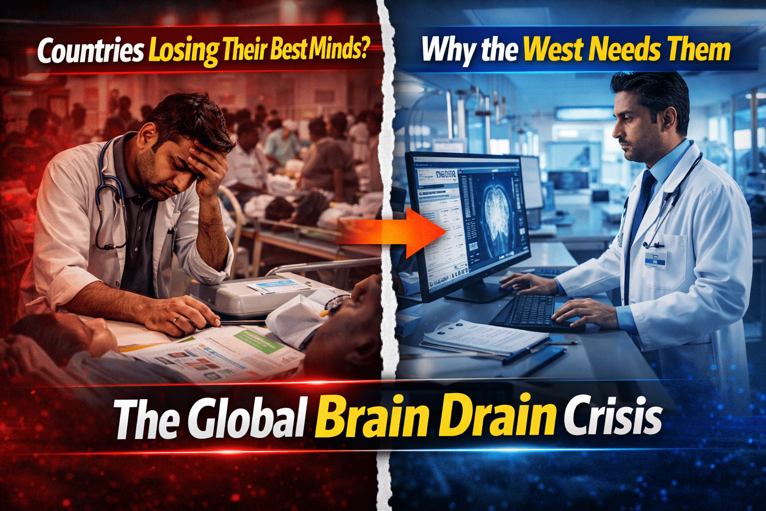 Global brain drain concept showing skilled professionals leaving developing countries for Western nations