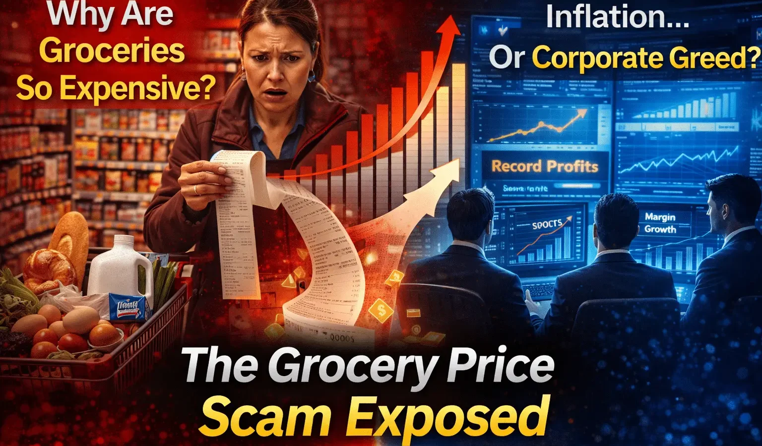 Shopper staring at an expensive grocery bill while food corporation profit charts rise in the background
