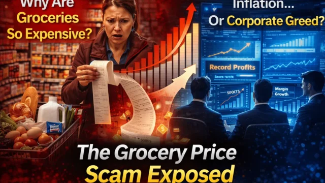 Shopper staring at an expensive grocery bill while food corporation profit charts rise in the background