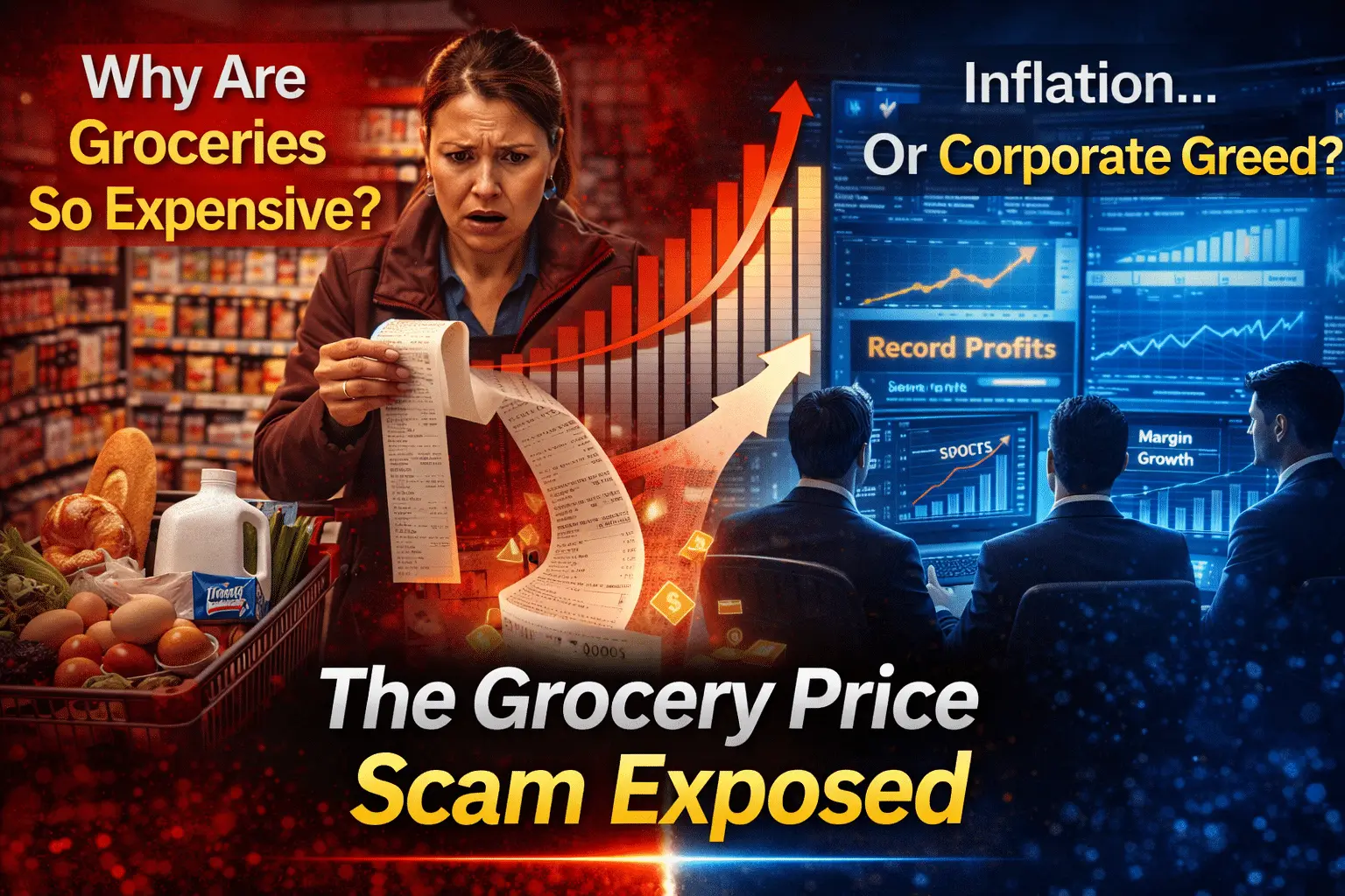 Shopper staring at an expensive grocery bill while food corporation profit charts rise in the background