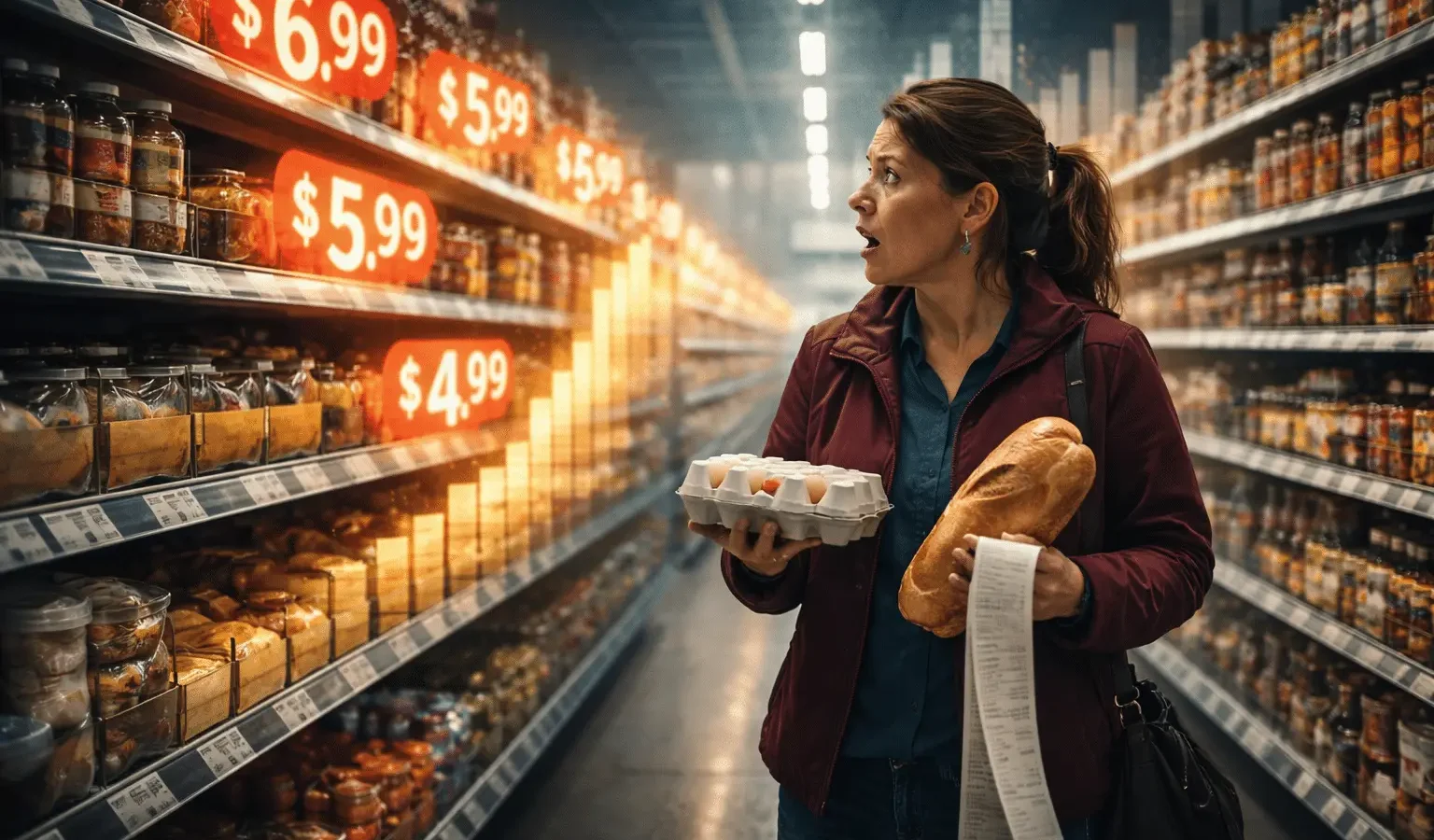 Shocked grocery shopper looking at expensive food prices in supermarket checkout line