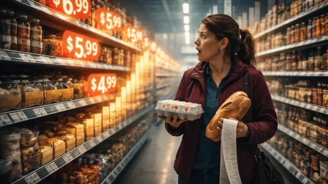 Shocked grocery shopper looking at expensive food prices in supermarket checkout line
