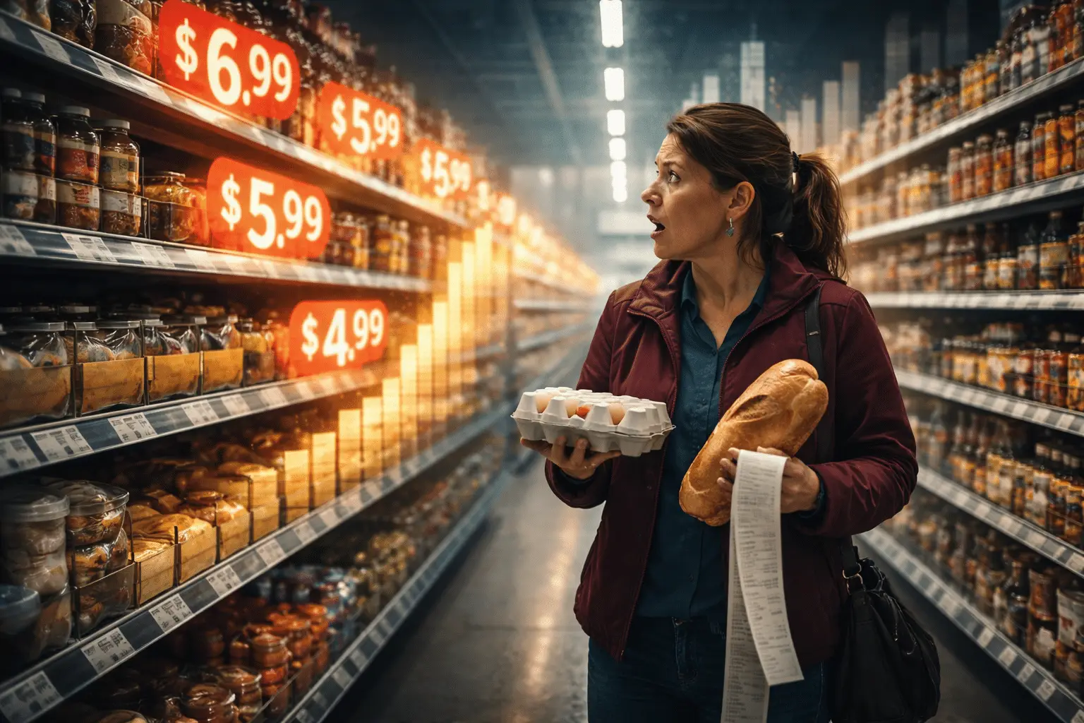 Shocked grocery shopper looking at expensive food prices in supermarket checkout line