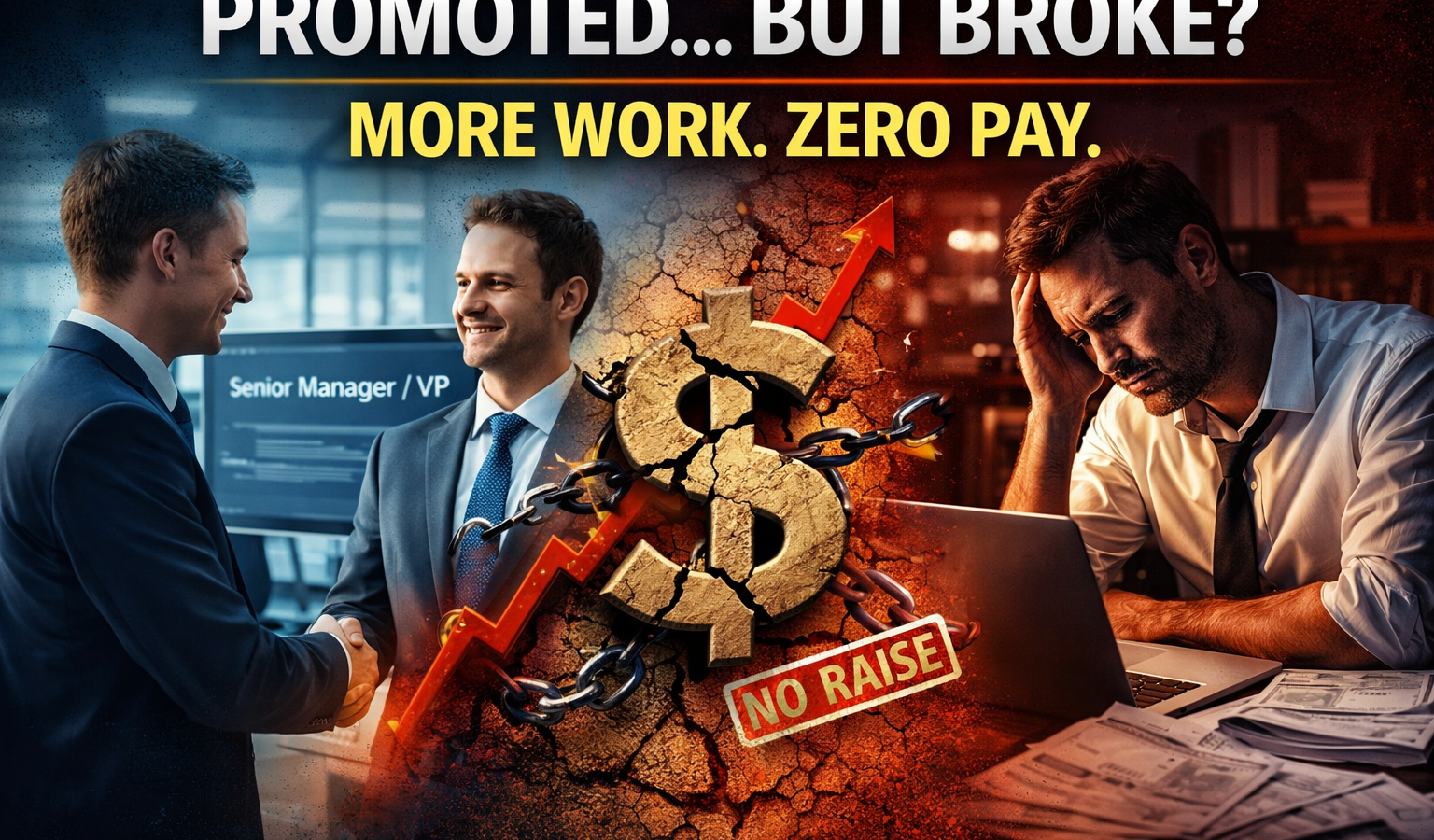 corporate employee overwhelmed with workload after promotion but no salary increase, stress and burnout visible