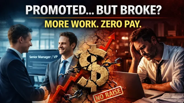 corporate employee overwhelmed with workload after promotion but no salary increase, stress and burnout visible