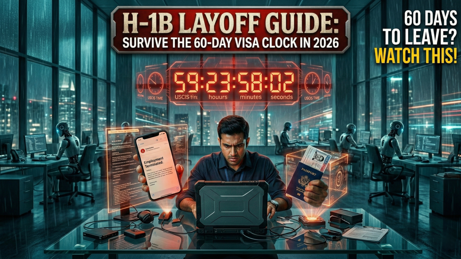 A digital countdown clock showing 60 days overlaying a US H-1B visa and a tech professional looking at a laptop.