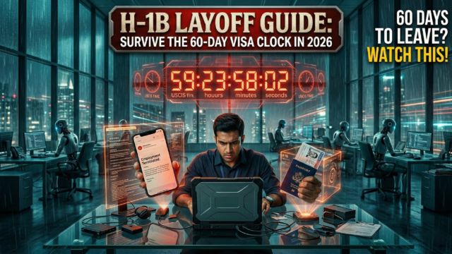 A digital countdown clock showing 60 days overlaying a US H-1B visa and a tech professional looking at a laptop.