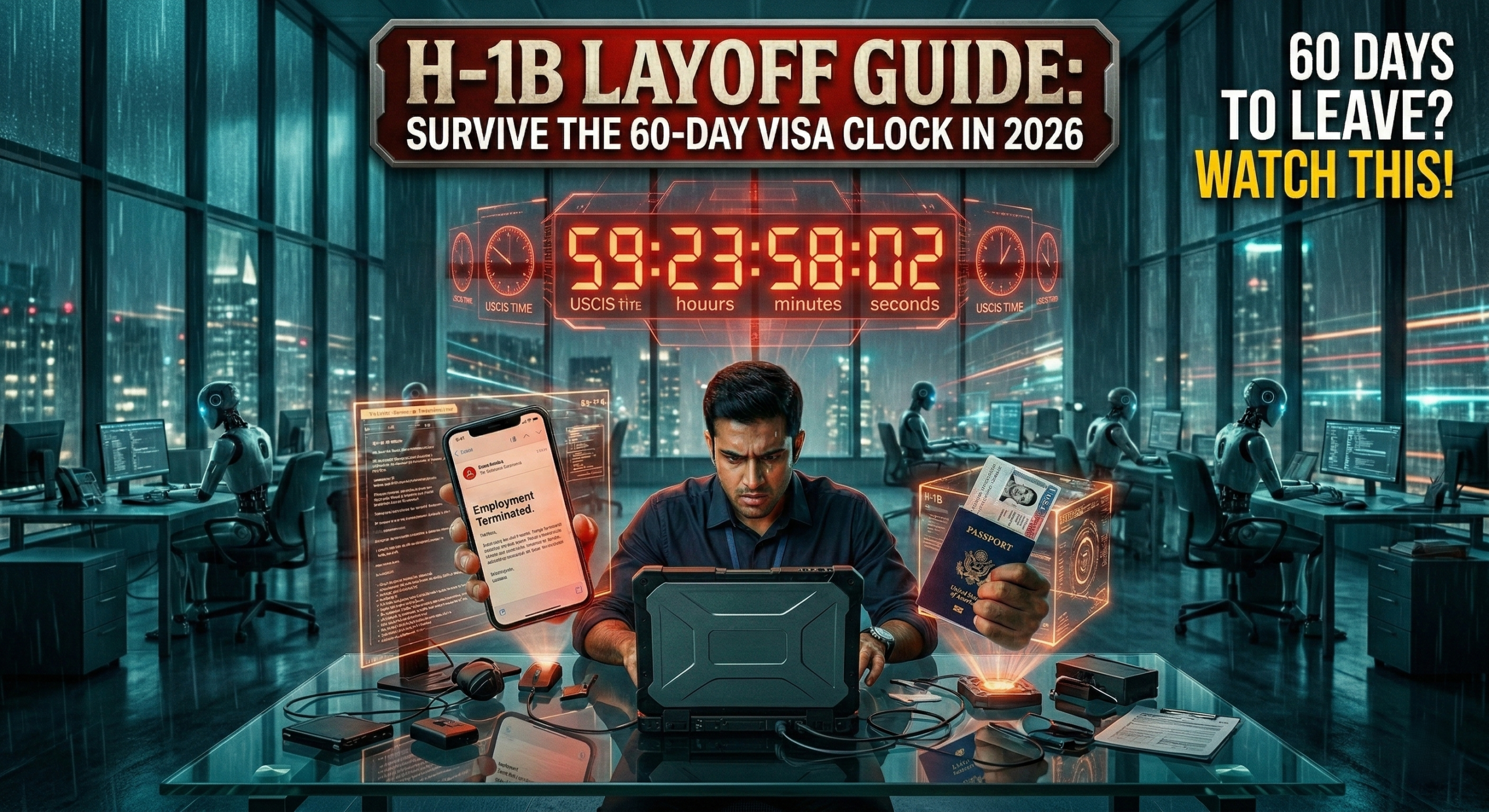 A digital countdown clock showing 60 days overlaying a US H-1B visa and a tech professional looking at a laptop.