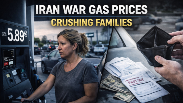 American mother calculating gas prices at pump during Iran war economic crisis, worried expression counting money