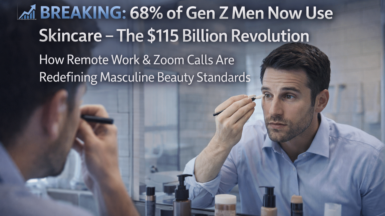 Professional businessman applying concealer makeup for video conference call, modern office setting showing men's grooming career strategy