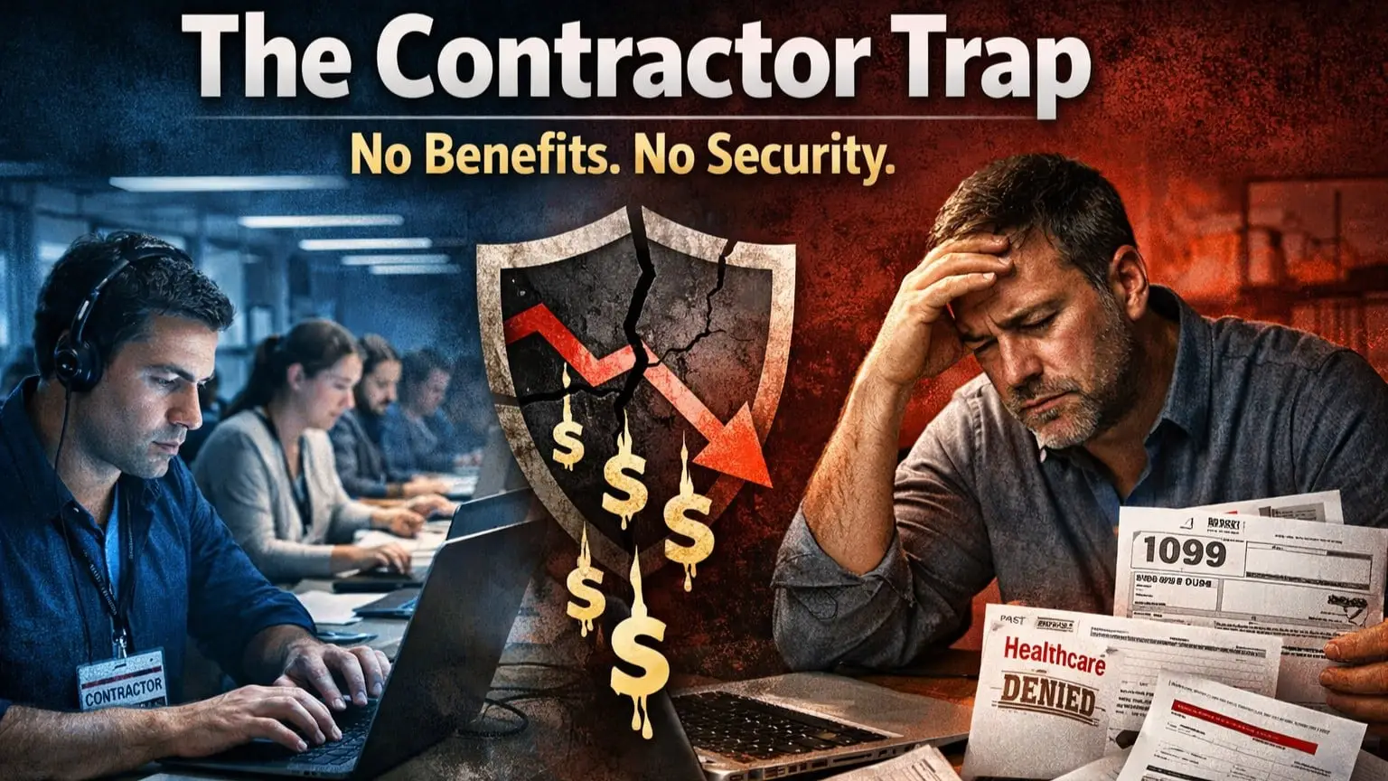 US tech contractor working long hours with no benefits while corporations cut costs and replace full-time jobs with freelancers