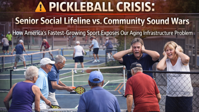 Active seniors playing pickleball on outdoor court showing health benefits and community engagement, smiling elderly players exercising together