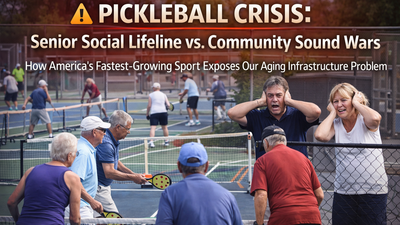 Active seniors playing pickleball on outdoor court showing health benefits and community engagement, smiling elderly players exercising together