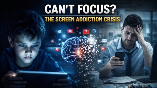 young employee distracted by smartphone at workplace struggling to focus due to screen addiction