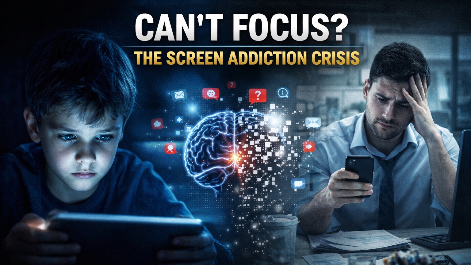 young employee distracted by smartphone at workplace struggling to focus due to screen addiction