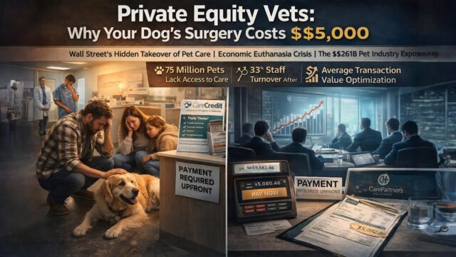 Emergency veterinary clinic waiting room with distraught family facing economic euthanasia decision, private equity corporate consolidation of local vet practices, $5000 surgery bill reality