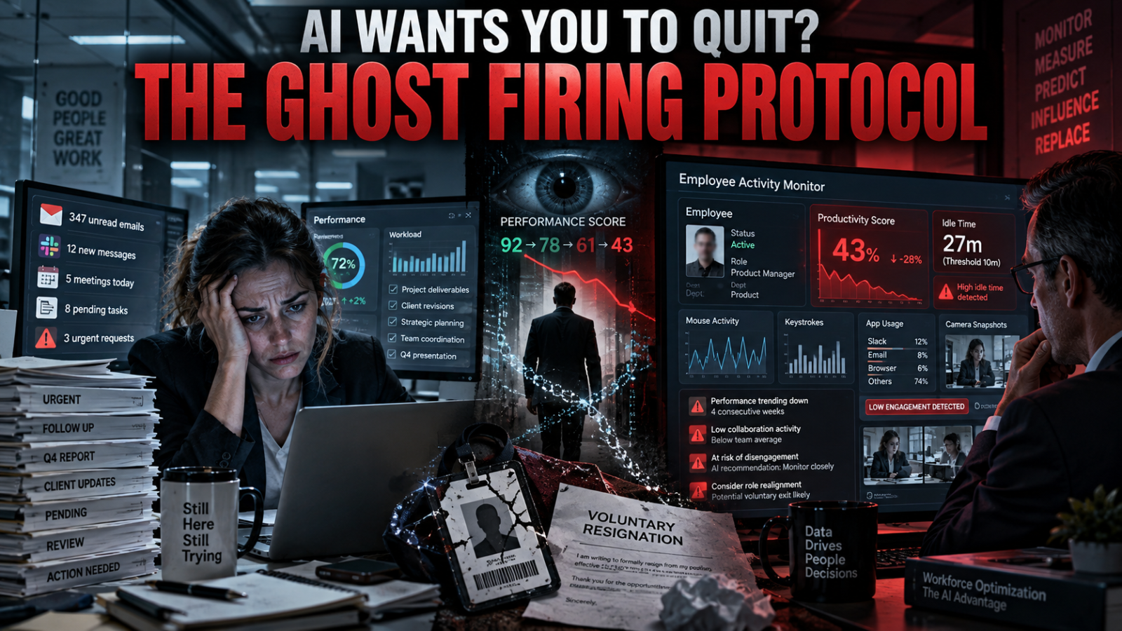 AI ghost firing and workplace surveillance pushing an exhausted American employee toward resignation