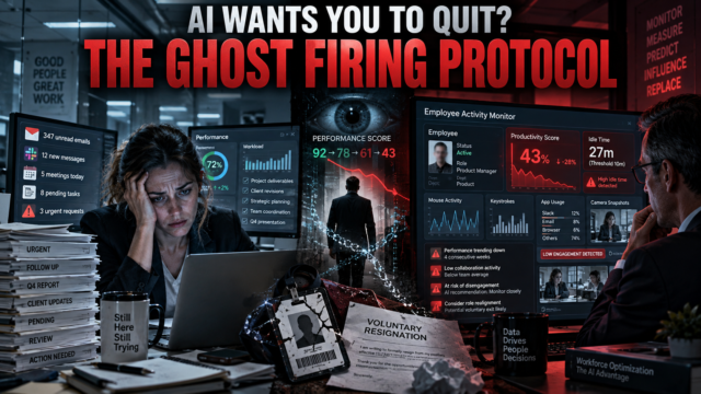 AI ghost firing and workplace surveillance pushing an exhausted American employee toward resignation