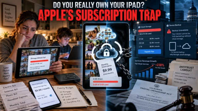 Family using an iPad beside iCloud storage warnings and recurring subscription charges illustrating Apple ecosystem lock-in