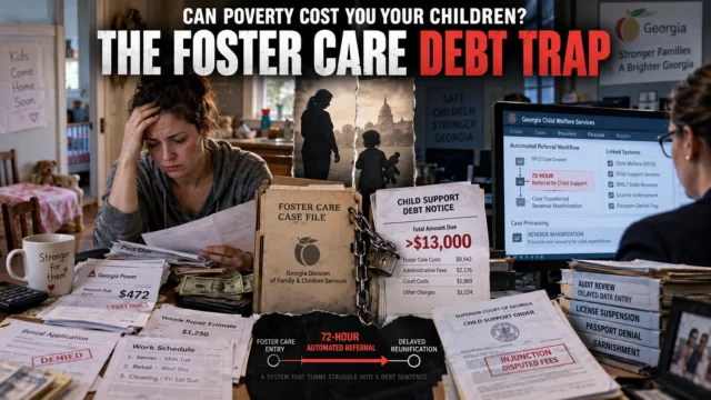 Low-income Georgia parent facing foster care bills and child support debt while child welfare records and automated billing systems appear in the background