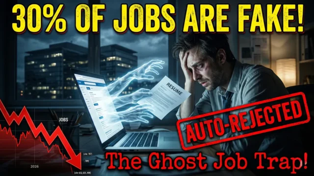 A stressed professional looking at a laptop screen filled with fake ghost job listings.